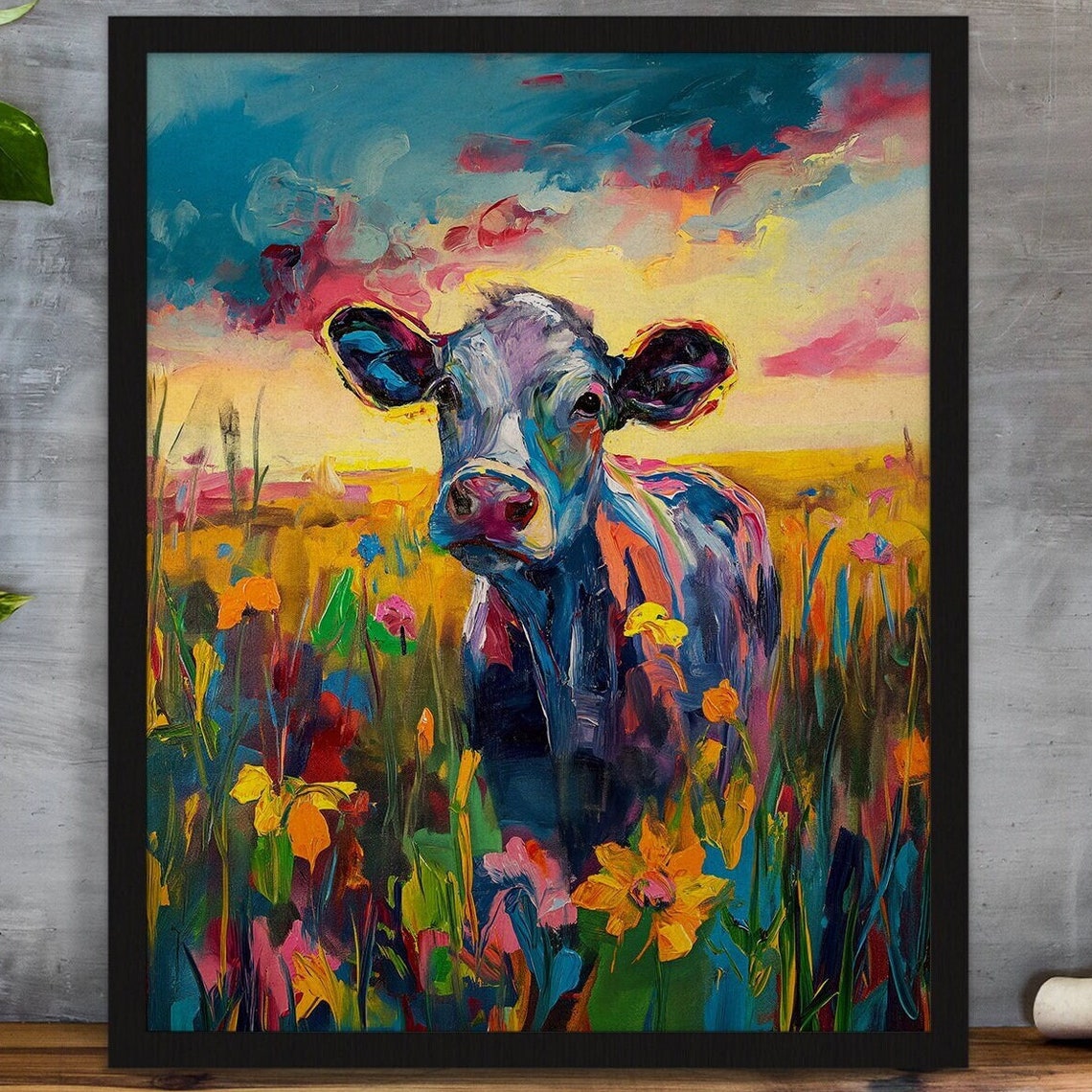 Colorful Cow in Wildflower Meadow Sunset Impressionist Poster