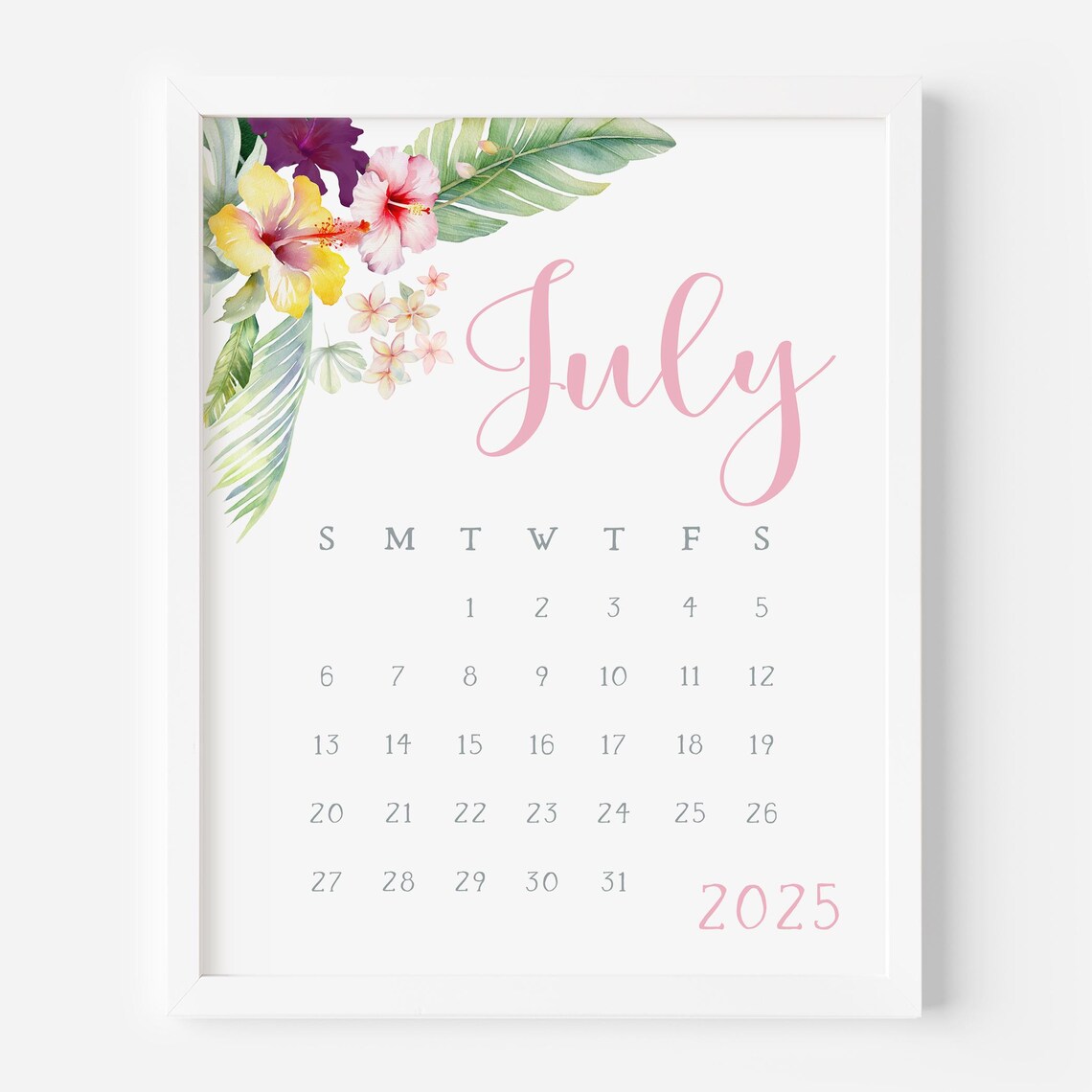 July 2025 Calendar Tropical Hibiscus Flowers Pink Monthly Planner - Image 5