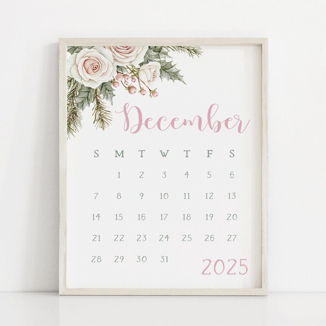 December 2025 Calendar Pink Roses Holly Blush Floral Wall Planner - Image 3