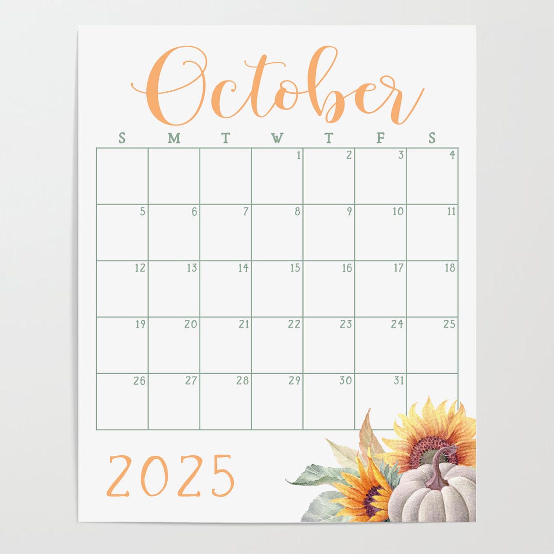 October 2025 Calendar Pumpkin Sunflower Fall Monthly Planner Wall Art - Image 4