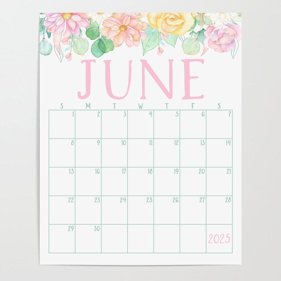 June 2025 Calendar Pastel Floral Border Summer Monthly Planner Art - Image 2