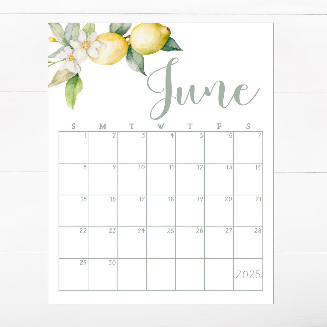 June 2025 Calendar Lemon Watercolor Summer Monthly Planner Wall Art - Image 2