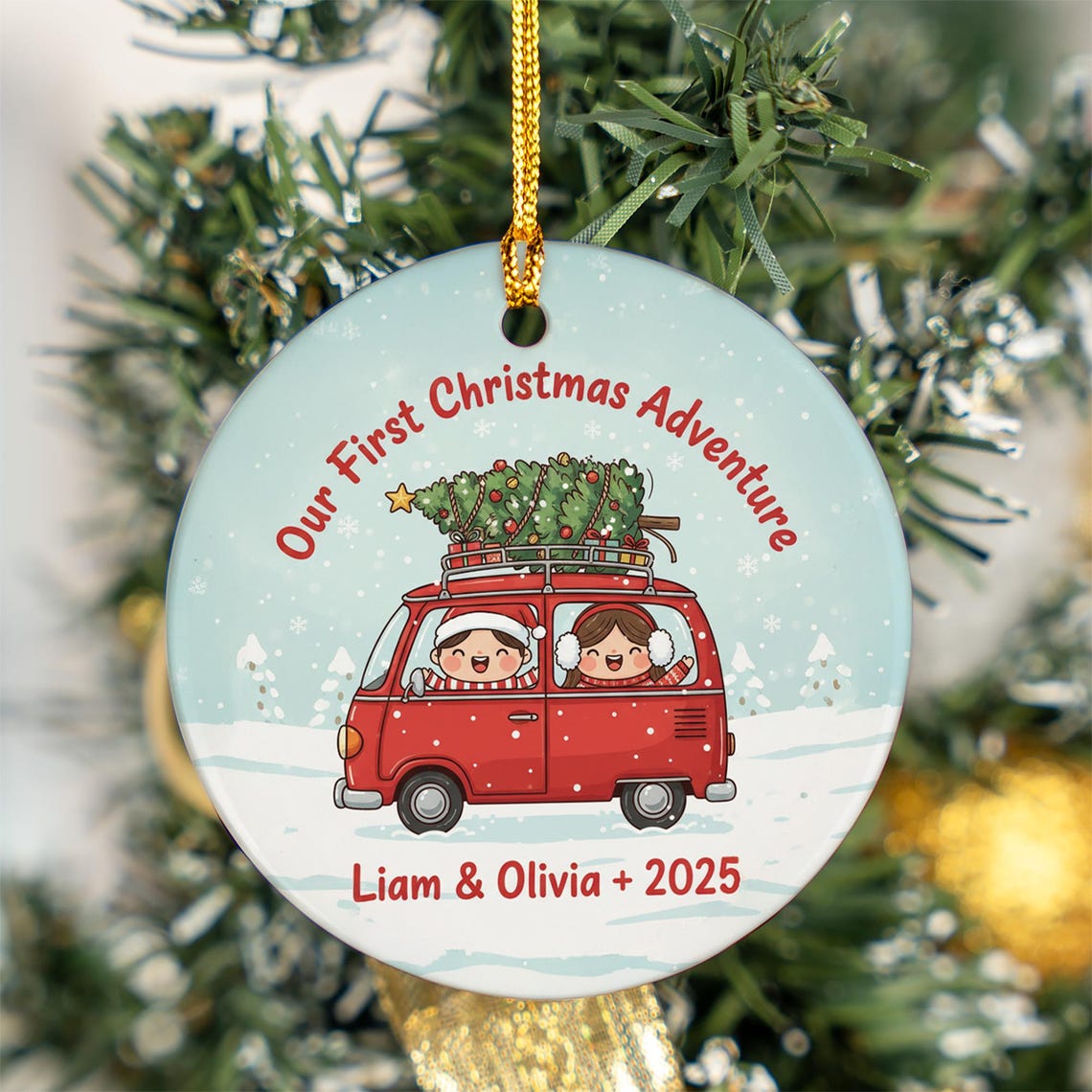 Our First Christmas Adventure Couple Red Van Ornament 2025 Wall Art