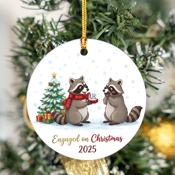 Engaged on Christmas 2025 Raccoon Proposal Ring Ornament Couples Holiday Print