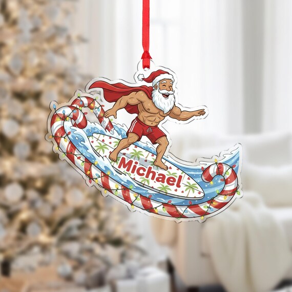 Surfing Santa Christmas Ornament Custom Name Beach Holiday Acrylic Poster