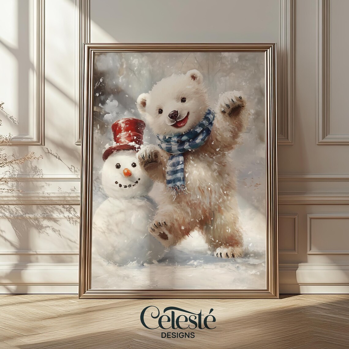 Polar Bear Cub Snowman Red Top Hat Cute Winter Christmas Print