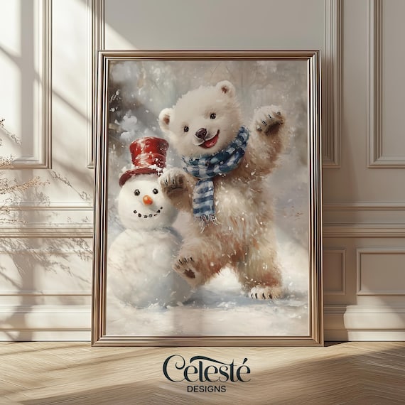Polar Bear Cub Snowman Red Top Hat Cute Winter Christmas Print