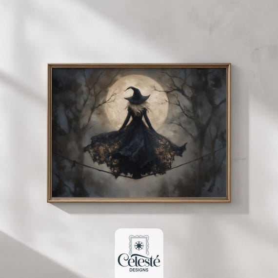 Gothic Witch Halloween Print Elegant Silhouette Full Moon