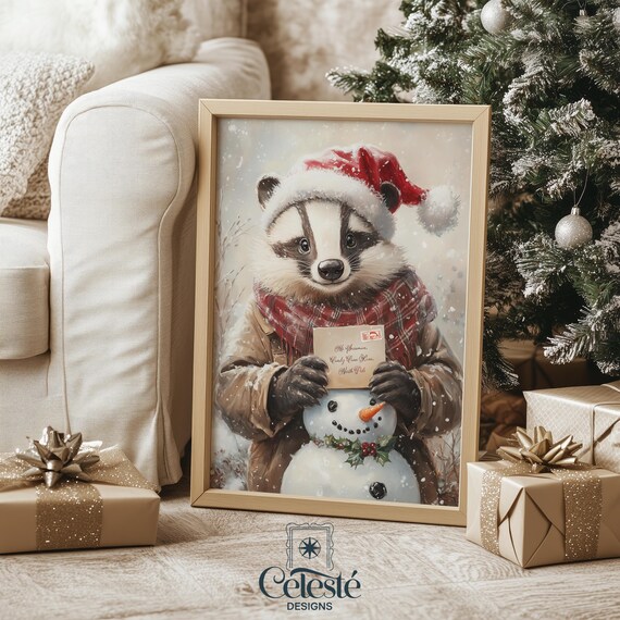 Badger Santa Letter to Snowman Cute Christmas Animals Poster