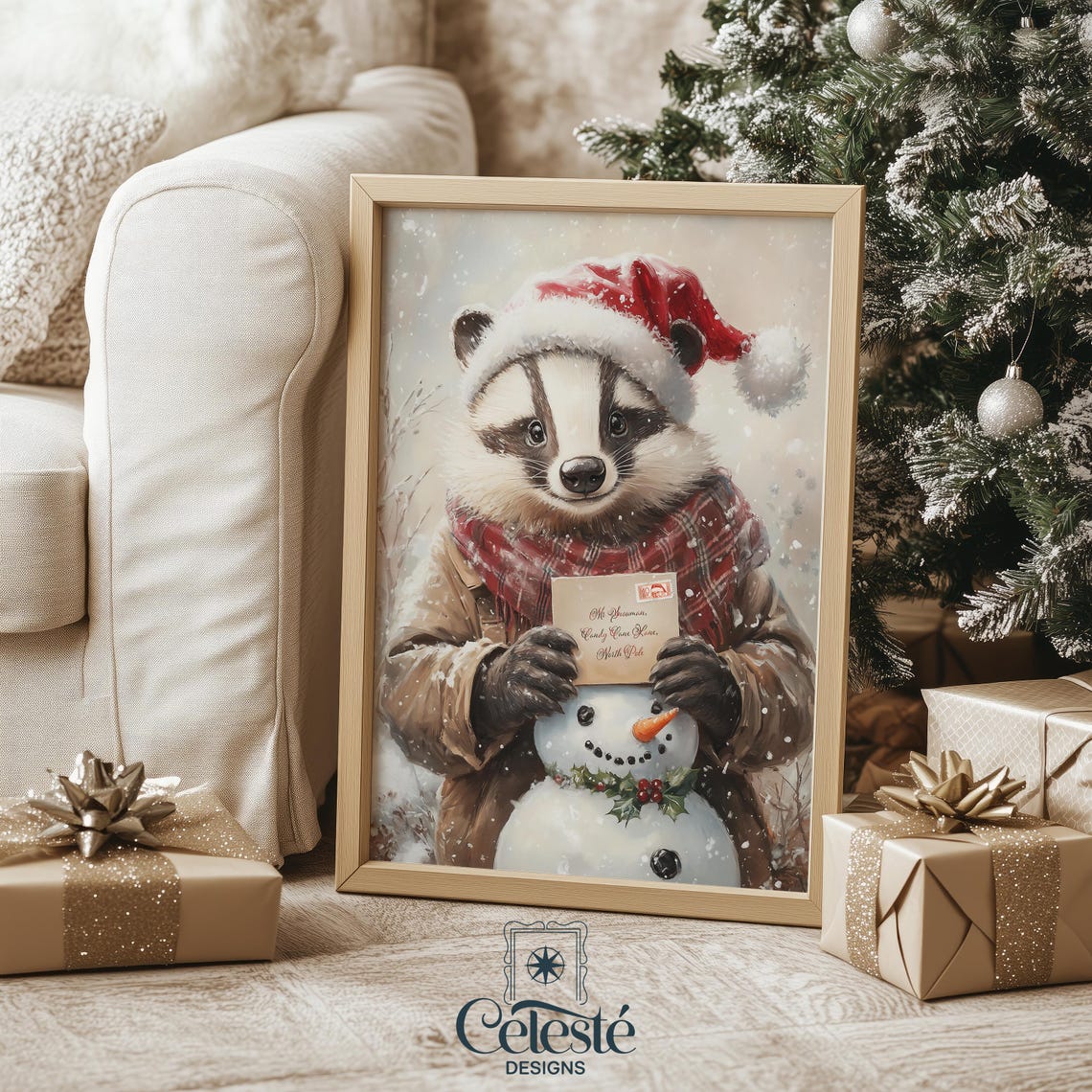 Badger Santa Letter to Snowman Cute Christmas Animals Poster