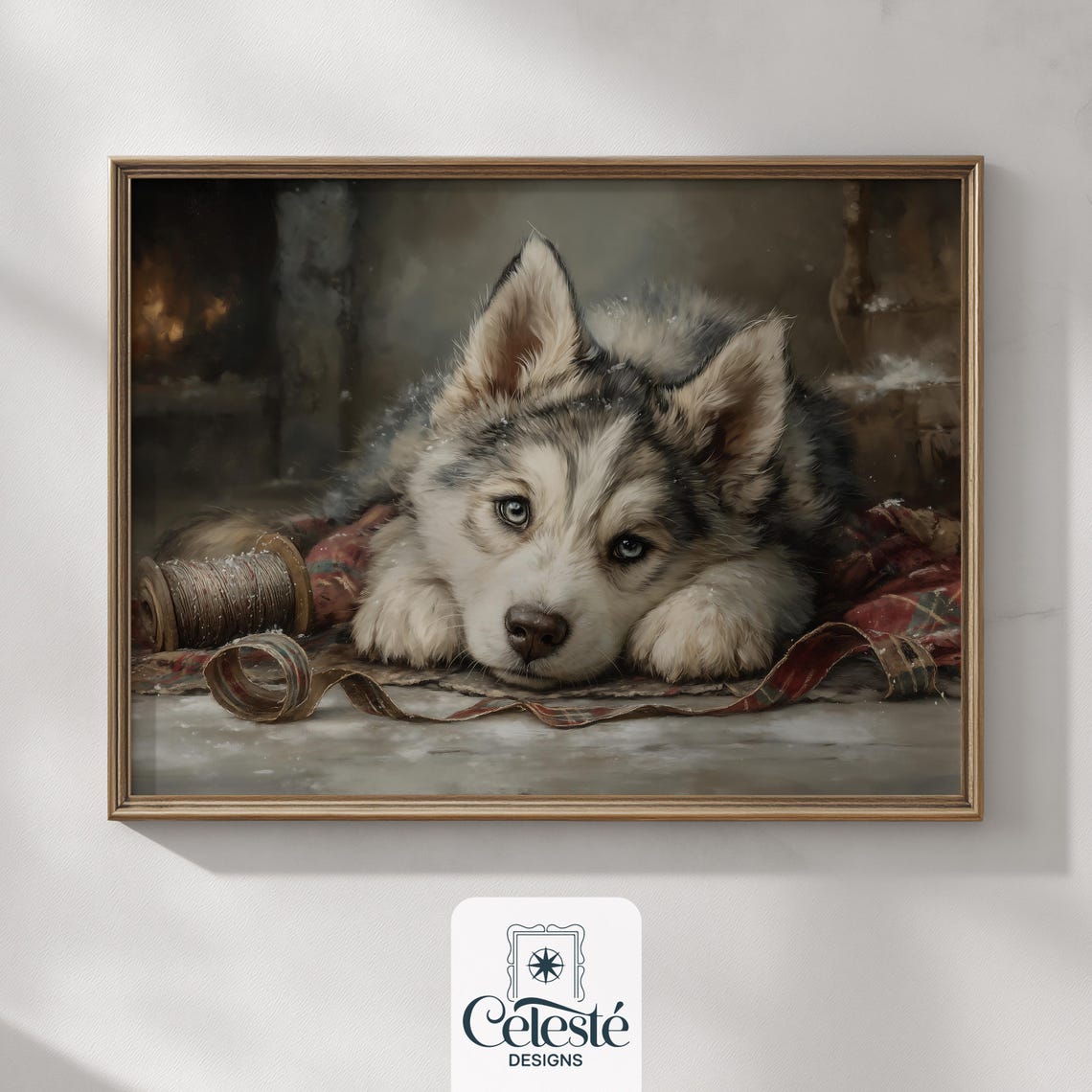 Vintage Husky Puppy By Snowy Fireplace Cozy Christmas Dog Print
