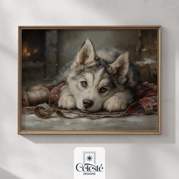 Vintage Husky Puppy By Snowy Fireplace Cozy Christmas Dog Print