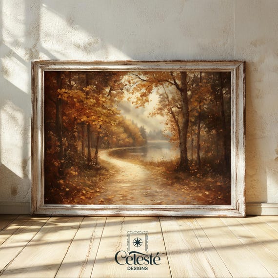 Vintage Autumn Forest Path Golden Fall Lakeside Landscape Poster