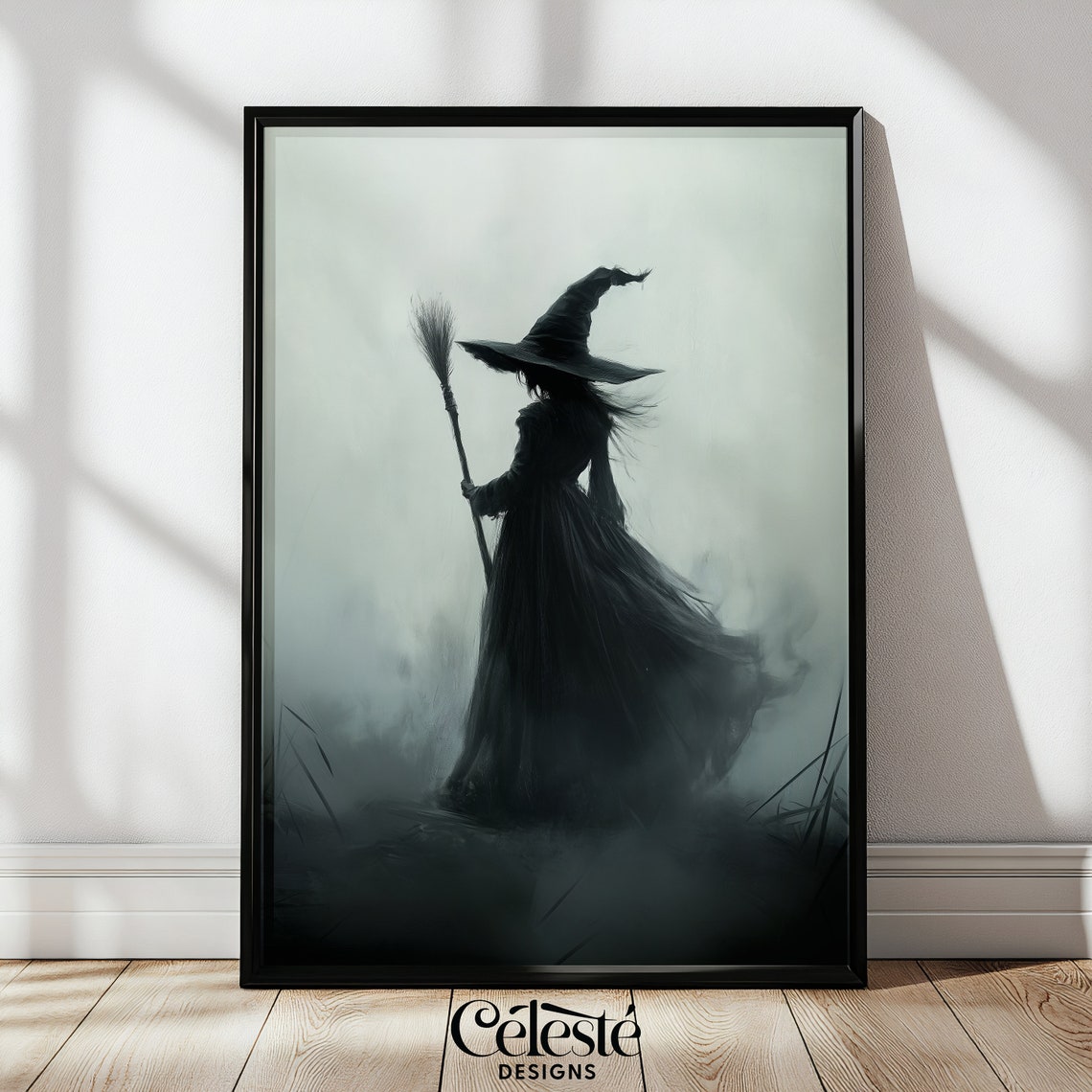 Witch Silhouette Foggy Forest Misty Halloween Broom Witchcraft Poster