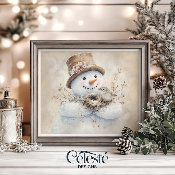 Snowman Christmas Art Print Flower Hat Bird Nest Vintage Winter Holiday Decor