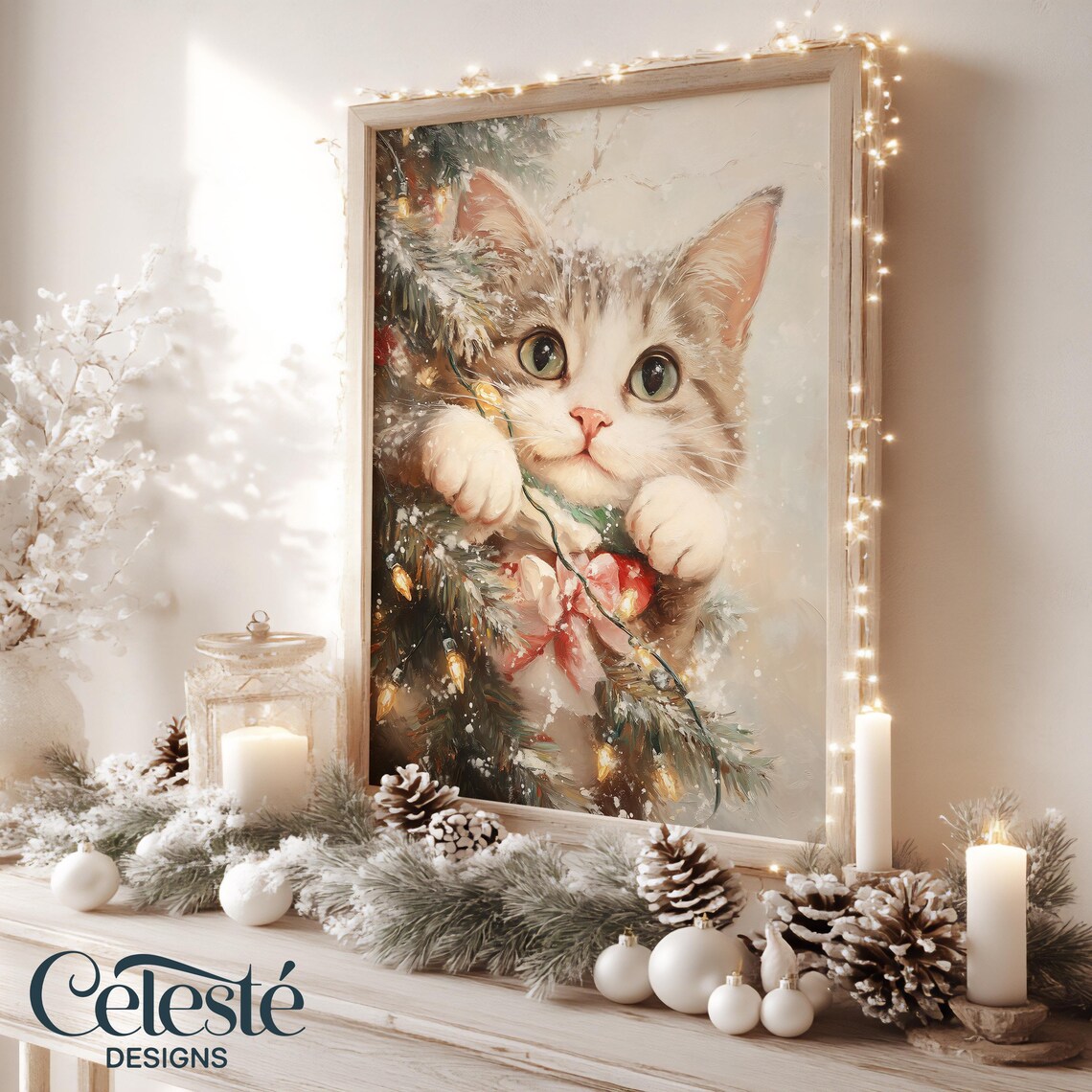 Christmas Kitten Watercolor Print Playful Cat With Tree Lights Holiday Decor