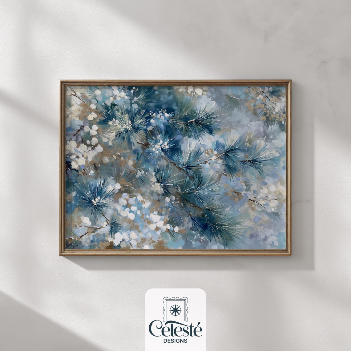 Snowy Blue Pine Branches White Berries Watercolor Winter Wall Art