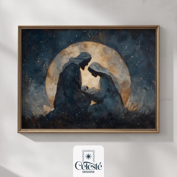 Holy Family Silhouette Under Full Moon Starry Christmas Night Poster