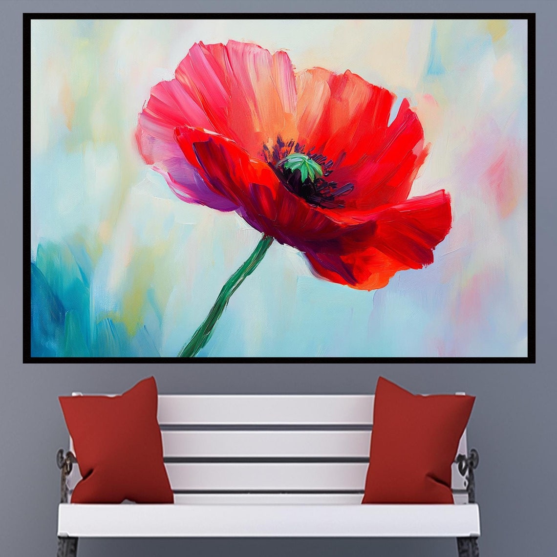 Red Poppy Single Bloom Oil Painting Bold Classic Floral Wall Art