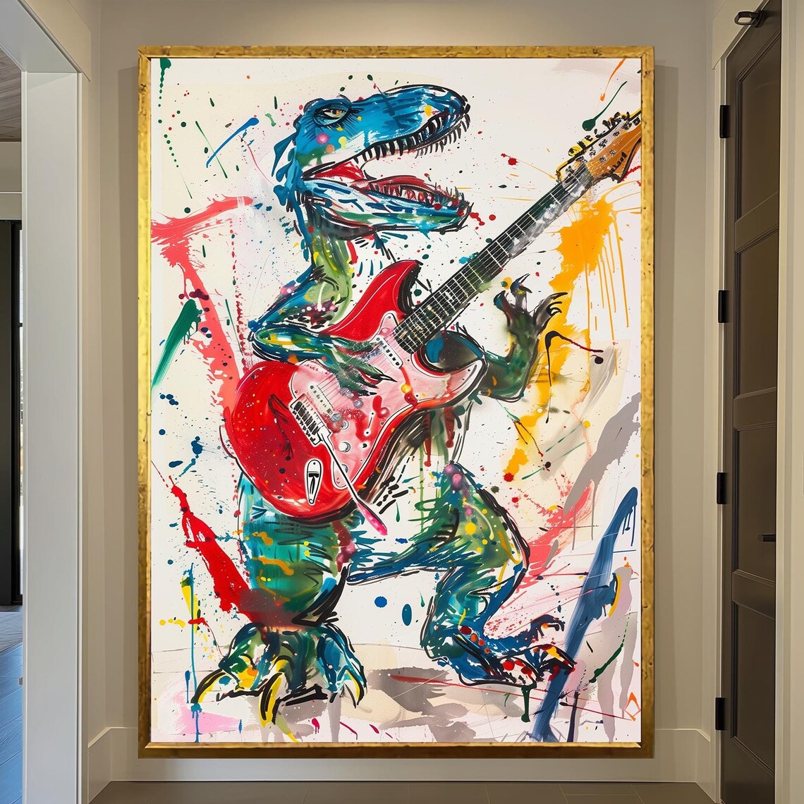 Dino Rock Guitar Music Cartoon Art Print