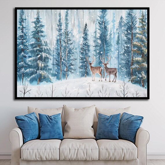 Winter Deer Pair Snowy Pine Forest Falling Snow Watercolor Art Print