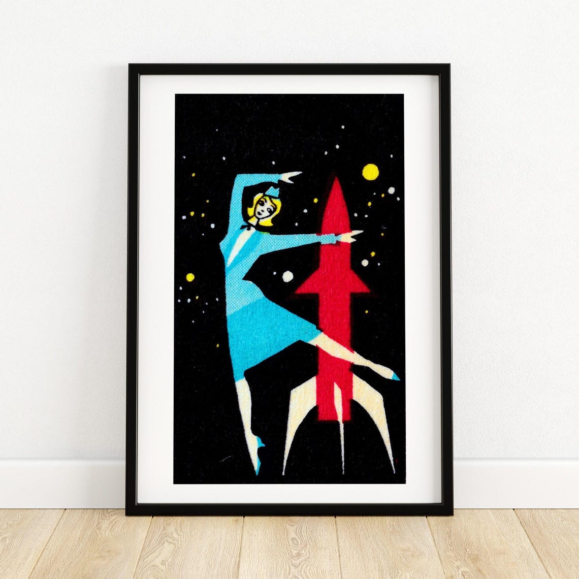Space Age Woman Dancing with Red Rocket Vintage Matchbox Poster