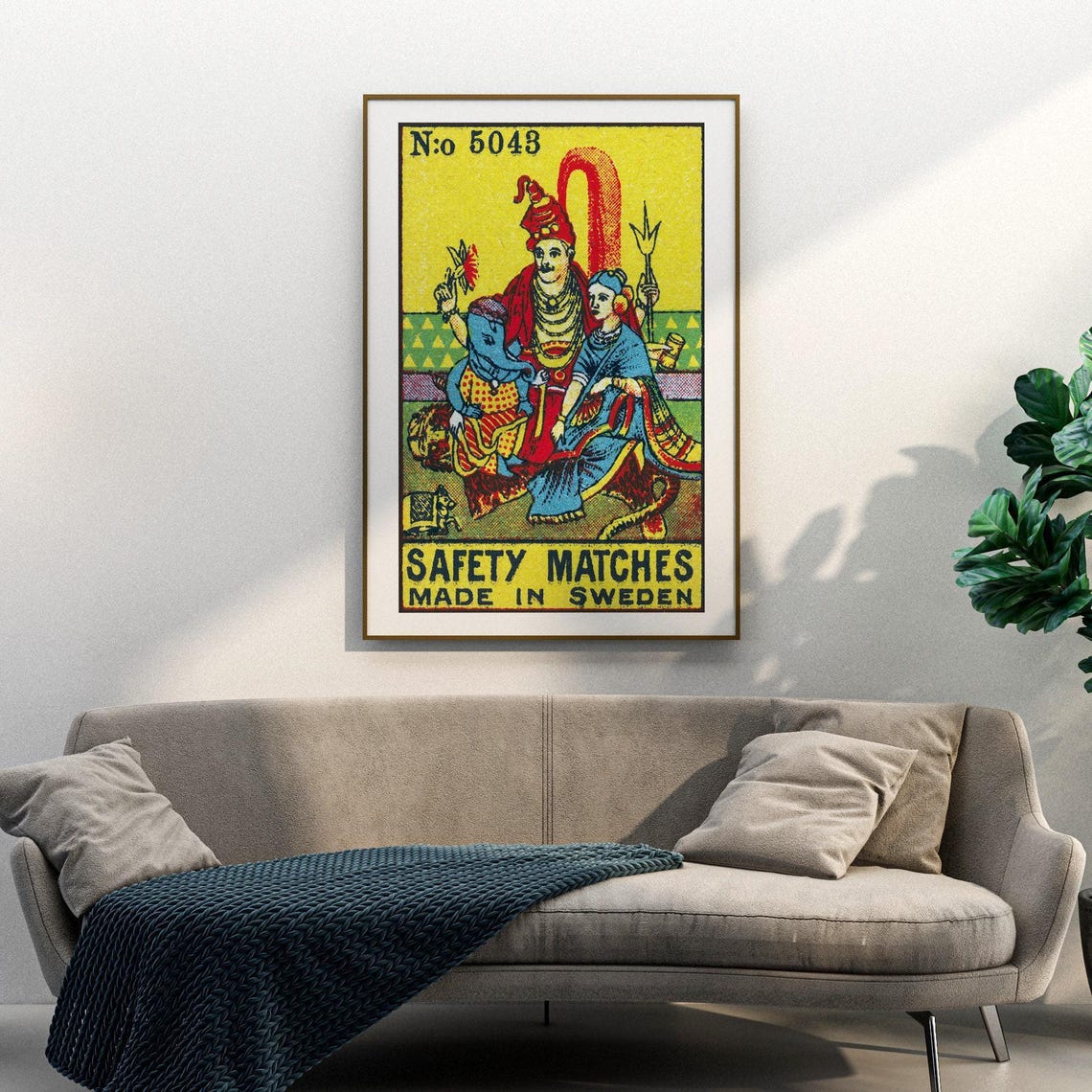 Hindu Gods Shiva Parvati Ganesha Vintage Swedish Matchbox Poster - Image 3