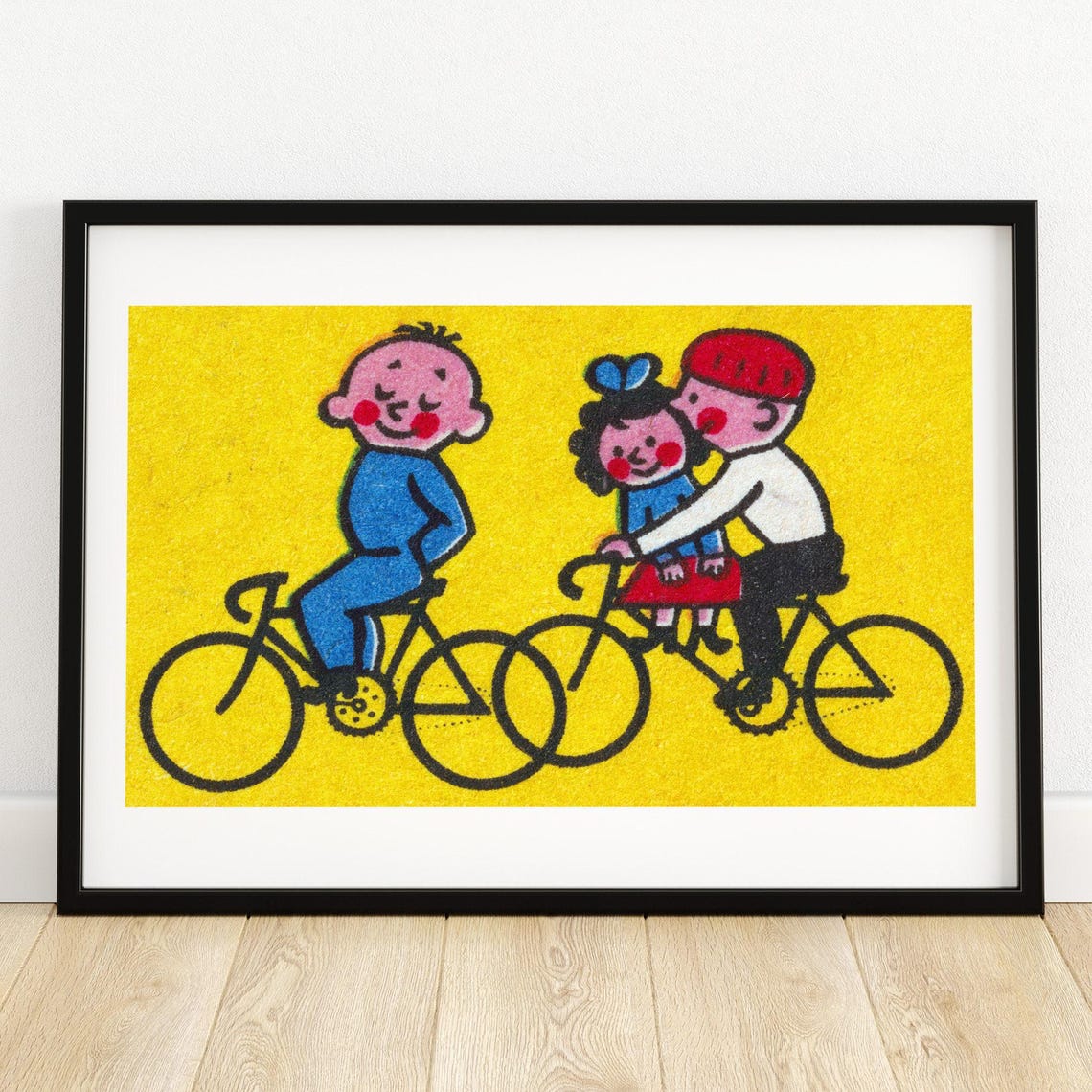 Kids Cycling Cartoon Trio Yellow Vintage Matchbox Art Poster
