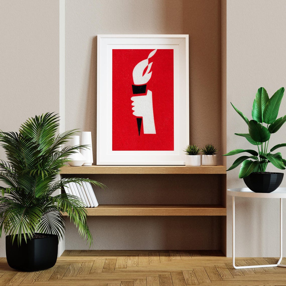 Hand Holding Torch on Red Vintage Matchbox Graphic Art Poster - Image 2