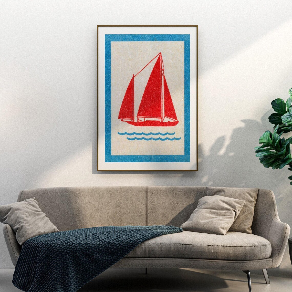 Red Sails Yacht Blue Border Vintage Matchbox Style Nautical Art Poster - Image 3