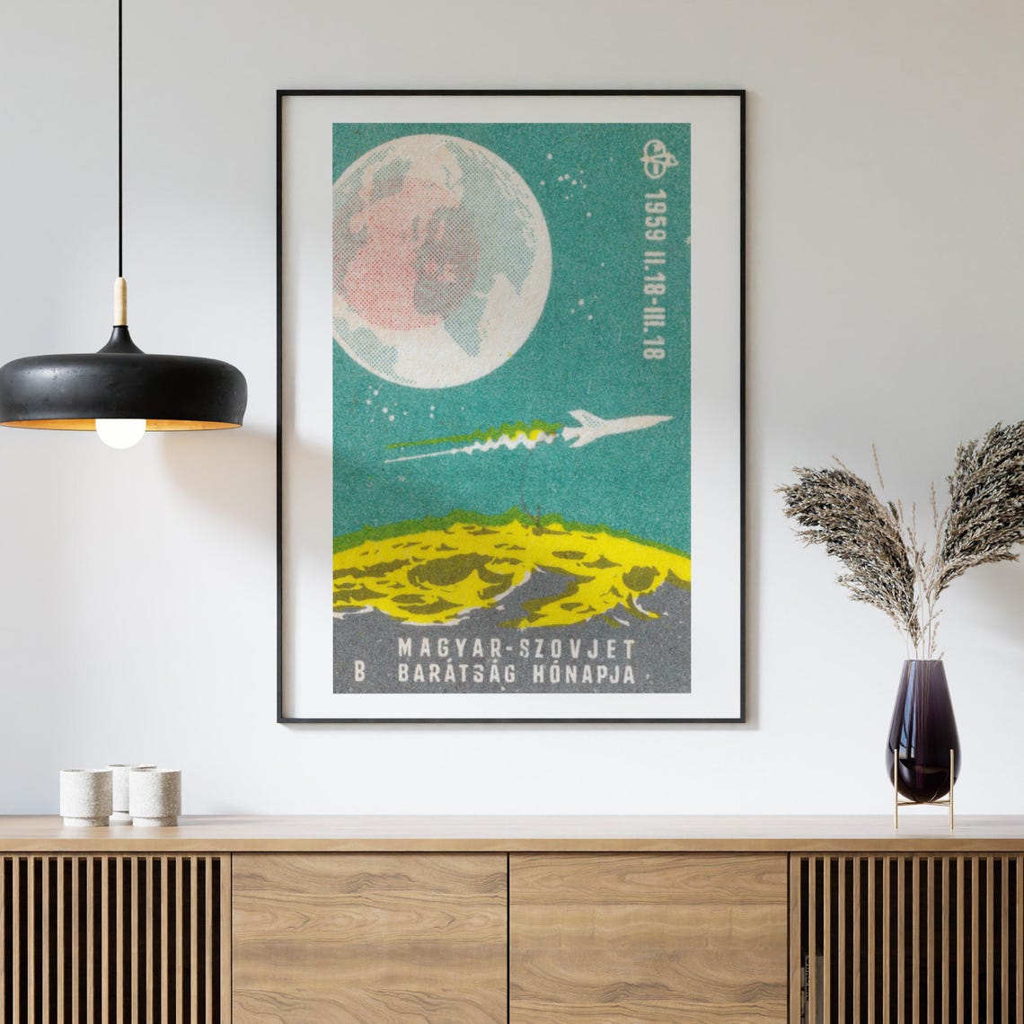 1959 Hungarian Soviet Friendship Month Rocket To Moon Matchbox Poster - Image 4