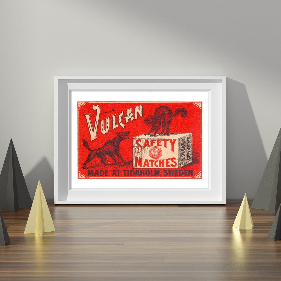 Vulcan Dog Versus Cat Fight Vintage Swedish Matchbox Label Poster - Image 4