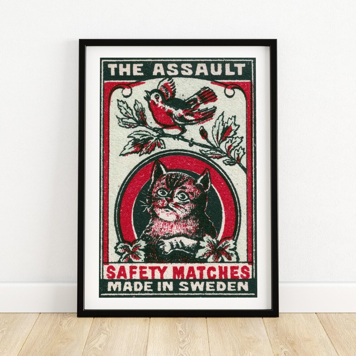 The Assault Swedish Safety Matches Kitten And Bird Vintage Art Poster