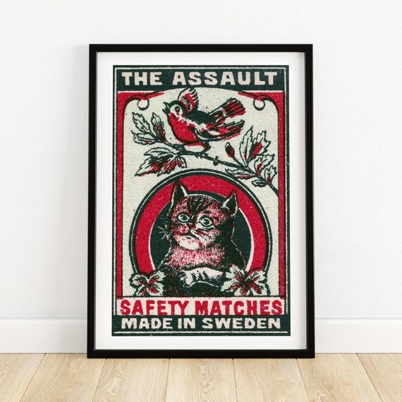 The Assault Swedish Safety Matches Kitten And Bird Vintage Art Poster