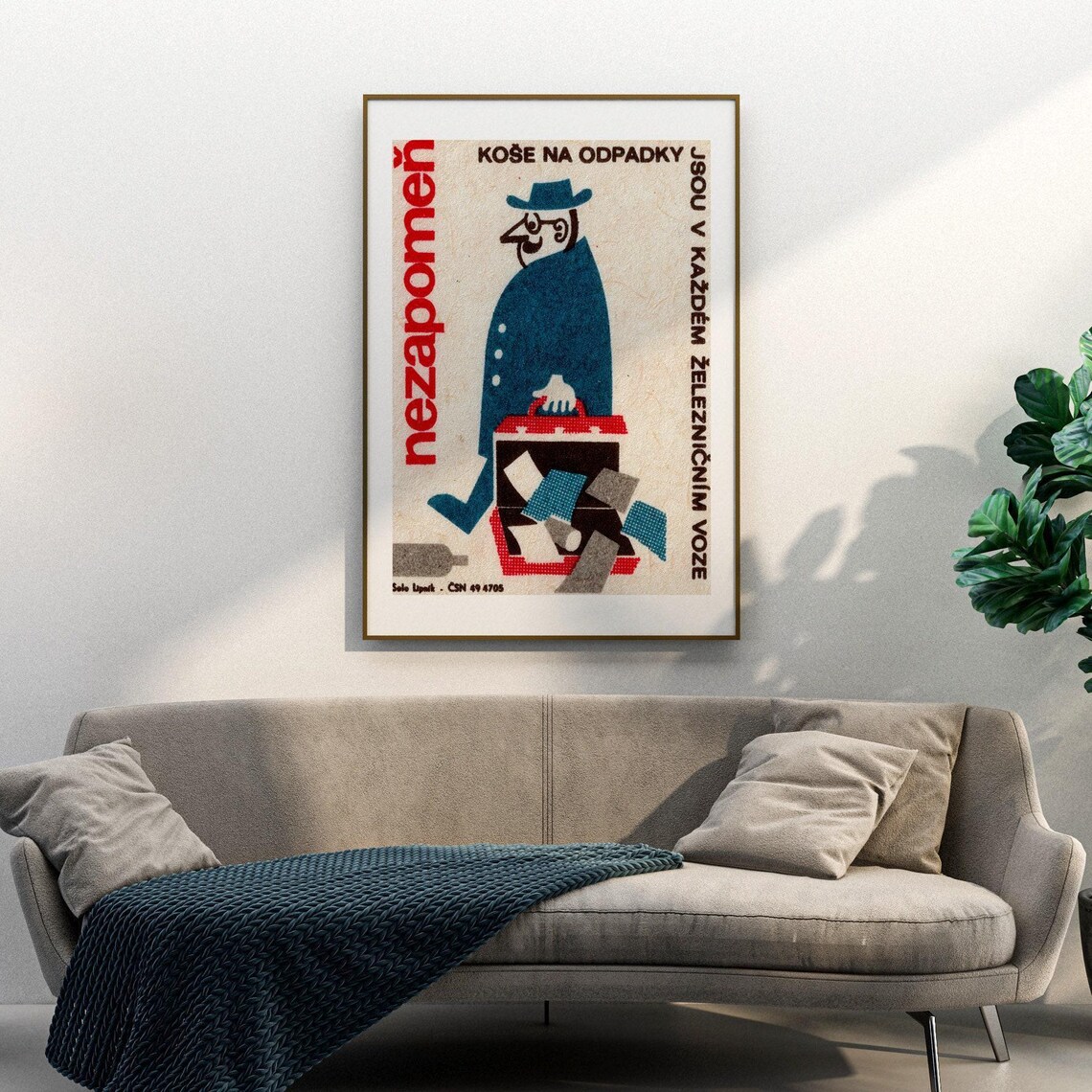 Vintage Czech Man Dropping Suitcase Travel Poster - Image 3