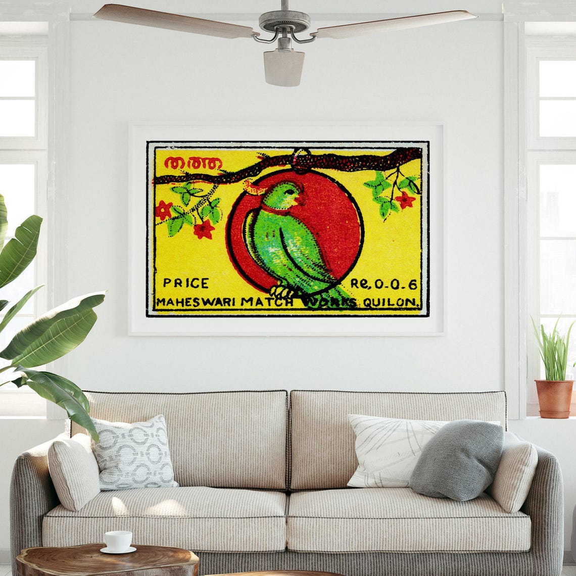 Green Parrot Indian Matchbox Label Vintage Quilon Art Poster - Image 3