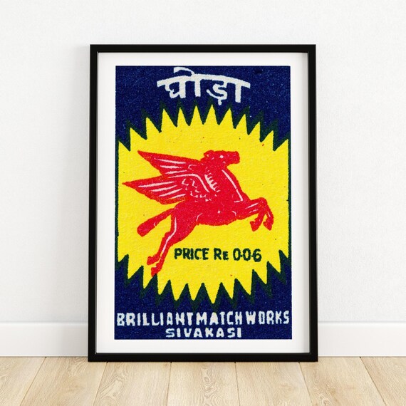 Red Pegasus Matchbox Print Aesthetic Wall Art Vintage India Art Matchbox Wall Poster Vintage Poster Print
