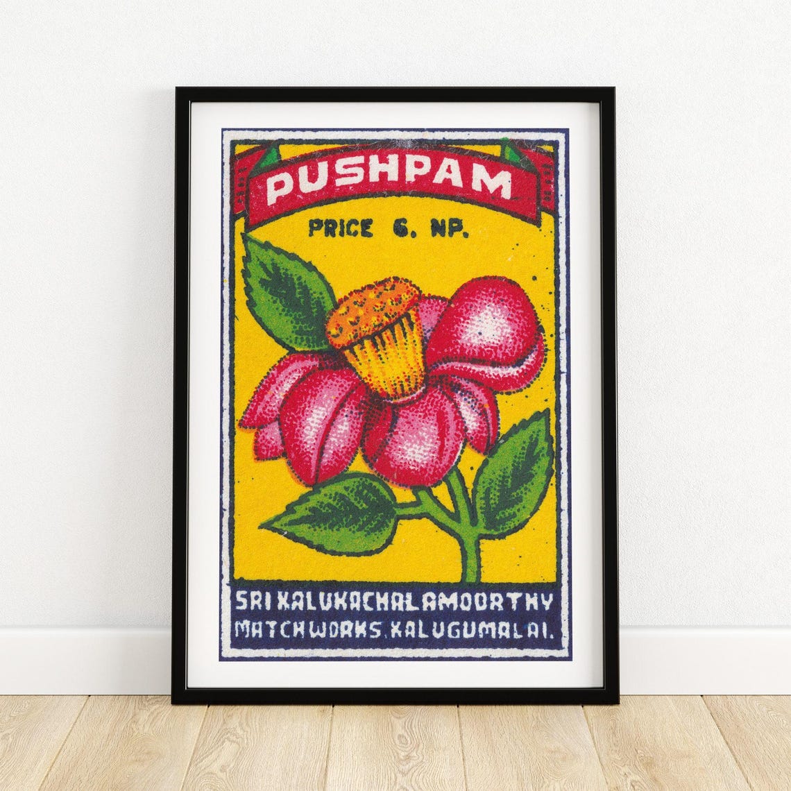 Pushpam Pink Flower Indian Matchbox Label Vintage Bloom Poster