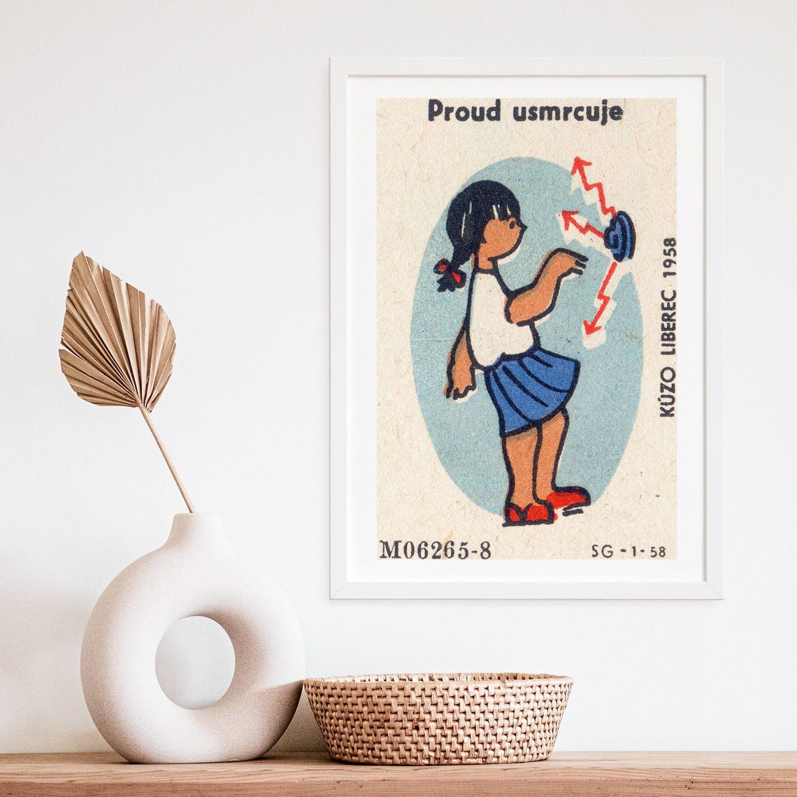 Electricity Kills Child Safety Girl Czech 1958 Matchbox Poster Art - Image 4