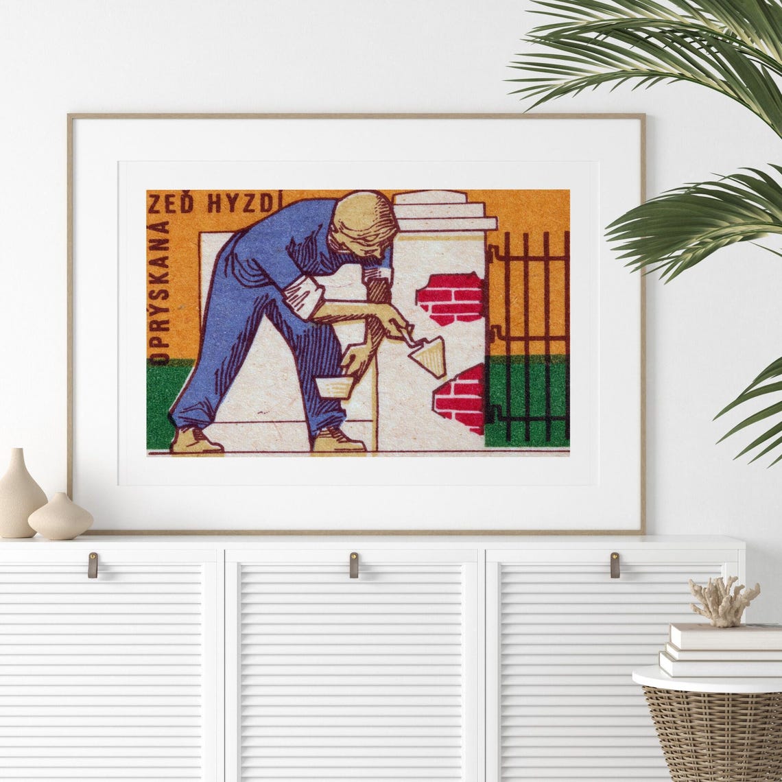 Brick Worker Plastering Wall Retro Czech Matchbox Label Art Poster - Image 2