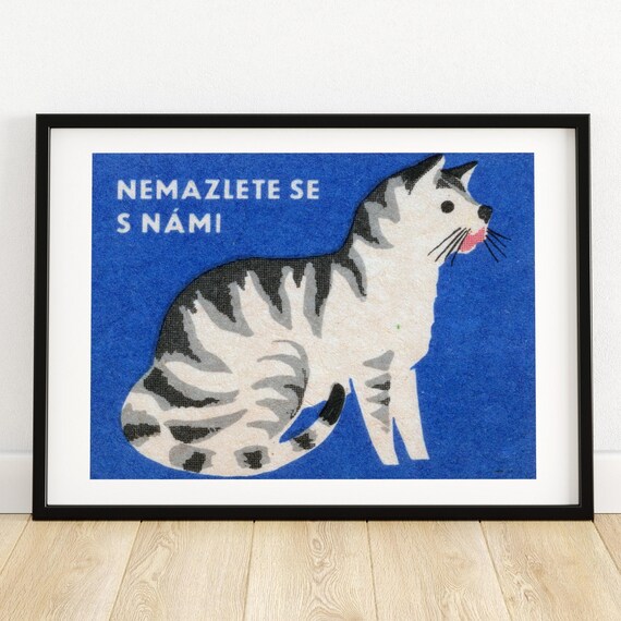 Blue Czech Cat Vintage Match Label Cute Retro Animal Art Poster