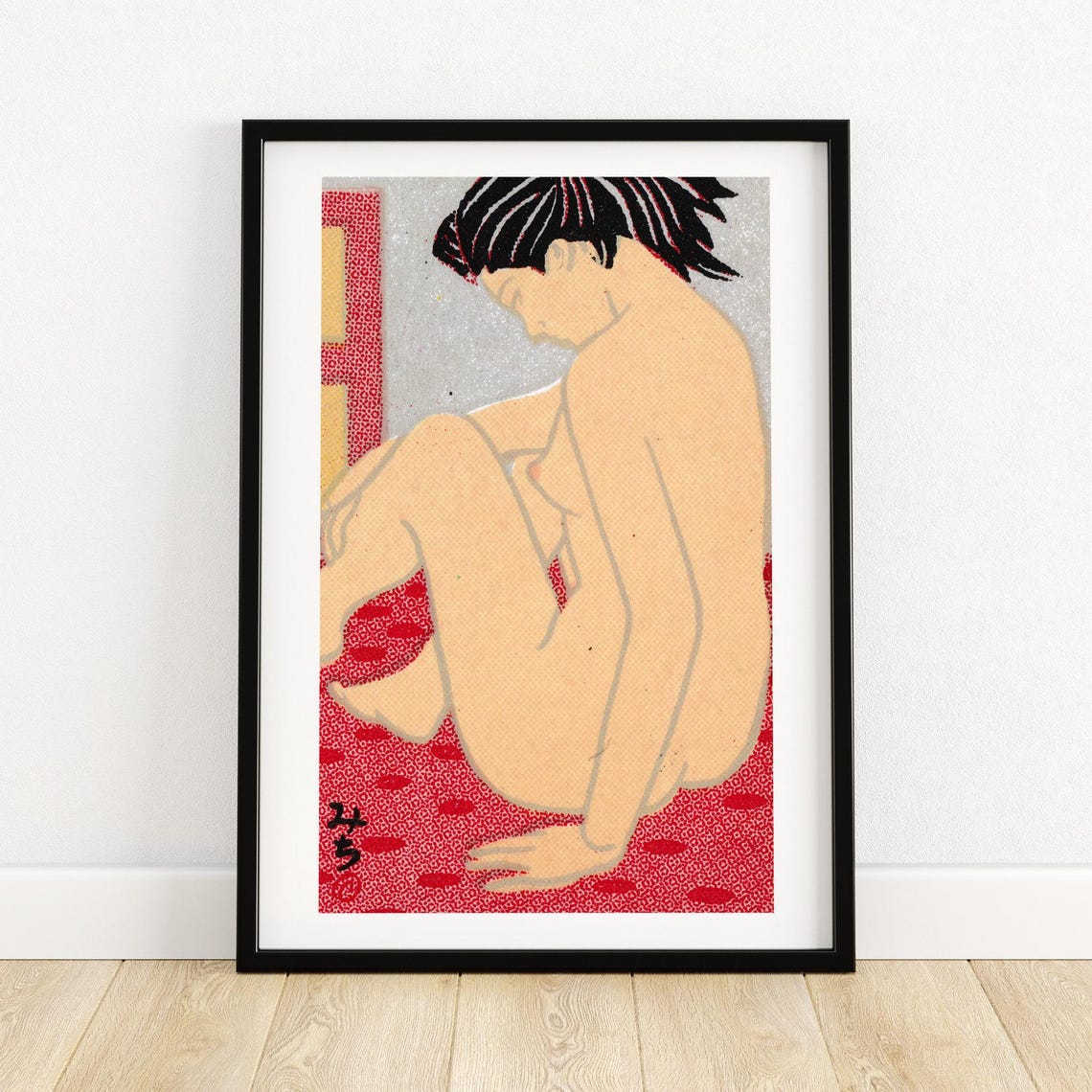 Japanese Woodblock Seated Nude Woman Red Patterned Style Art Poster