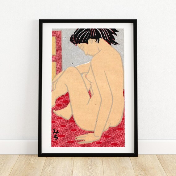 Japanese Woodblock Seated Nude Woman Red Patterned Style Art Poster