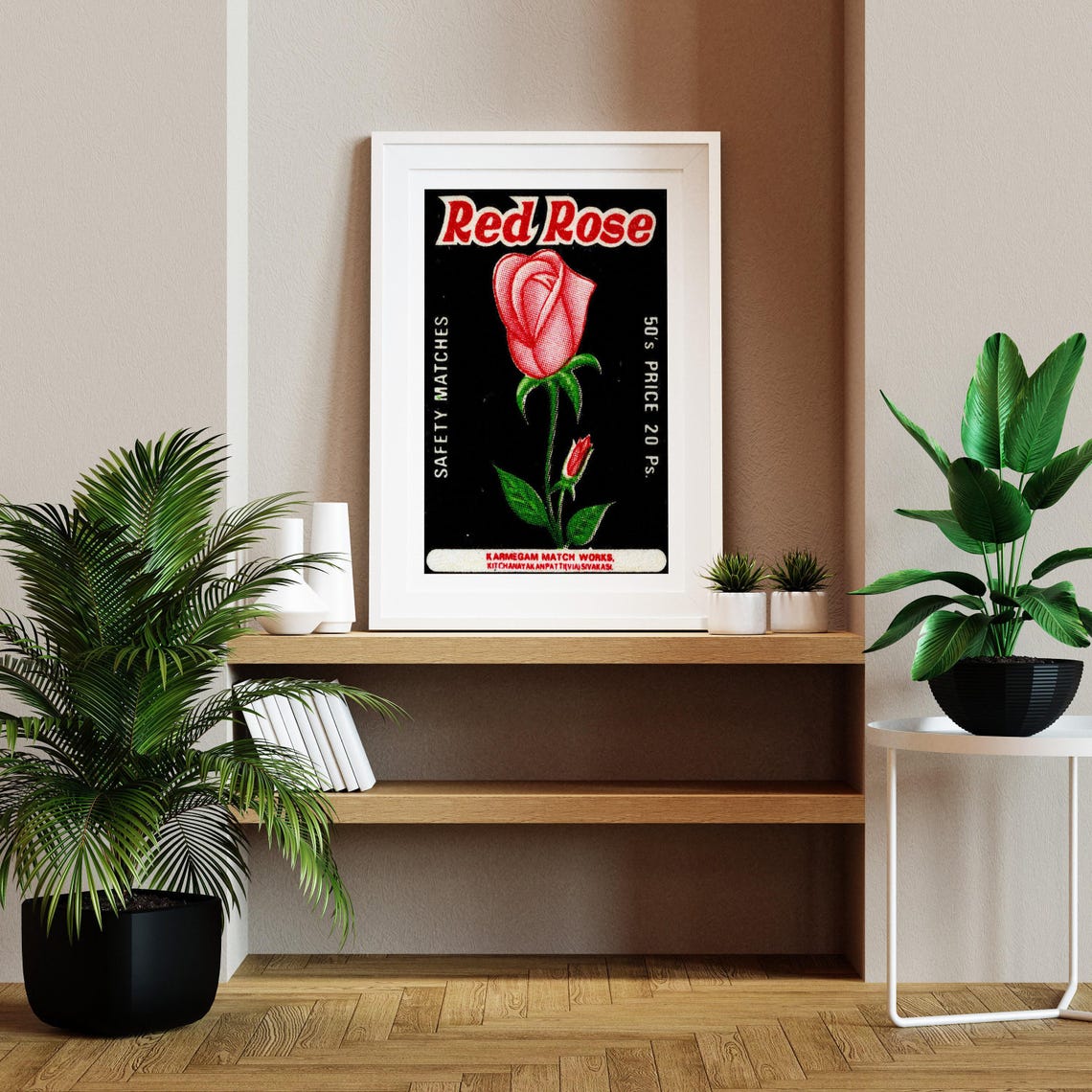 Red Rose Indian Safety Matches Vintage Floral Matchbox Poster - Image 2