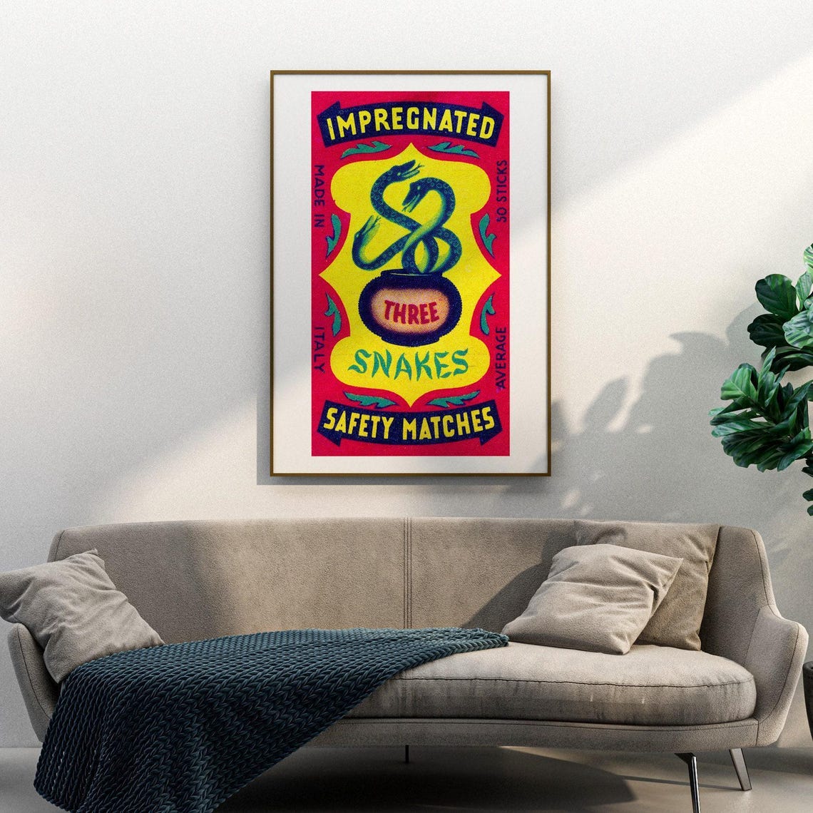 Three Snakes Coiling From Pot Vintage Italy Match Label Art Poster - Image 3