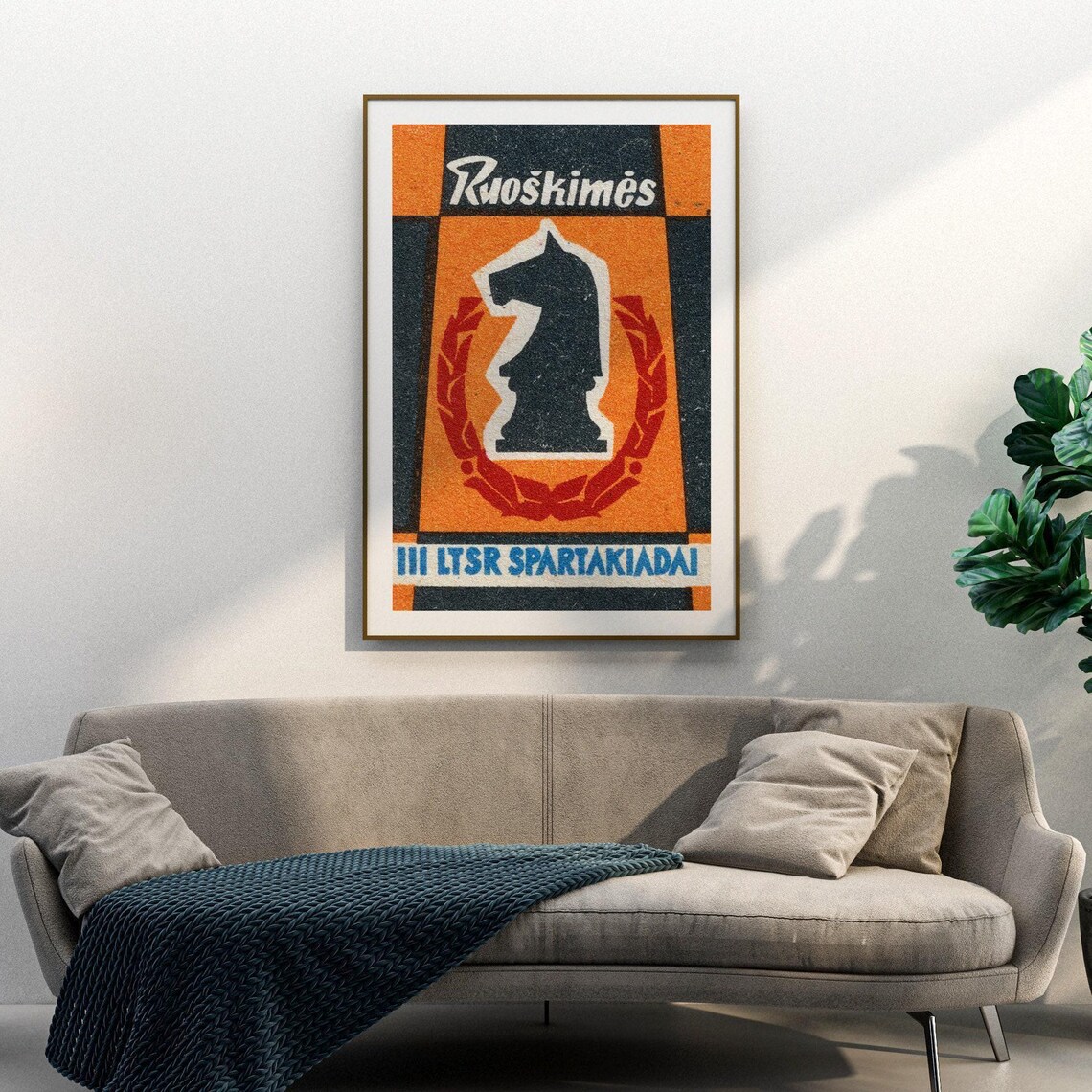 Lithuanian Spartakiad Chess Knight Laurel Wreath Orange Vintage Poster - Image 3