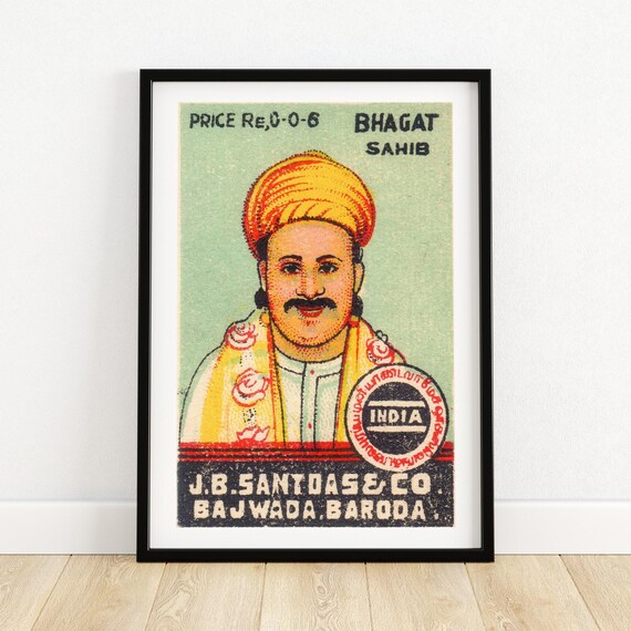 Colorful Indian Matchbox Art Print Vintage Bhagat Sahib Poster Unique Cultural Home Decor Collectible Indian Art Wall Accent A4