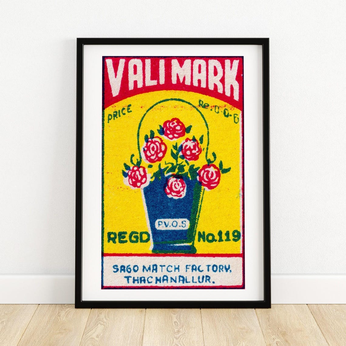 Vali Mark Flower Basket Vintage Indian Safety Matches Label Poster