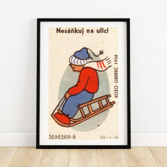 Nesáňkuj Na Ulici Sledding Boy 1958 Czech Vintage Winter Safety Art Poster