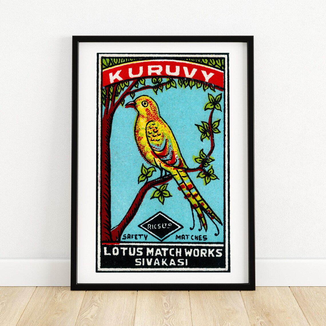 Kuruvy Yellow Bird Lotus Match Works Sivakasi Vintage Label Art Poster